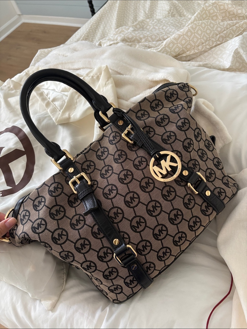 Michael Kors Brown Logo Satchel with Black Handles and Gold Hardware - Picture 1 of 4